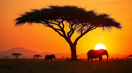 Obraz premium Silhouette of big acacia tree on savanna plains with african elephant. Sunset or sunrise in Africa. Wildlife, panoramic view of Kenya. Black history month concept. World rhino day. Animal protection.