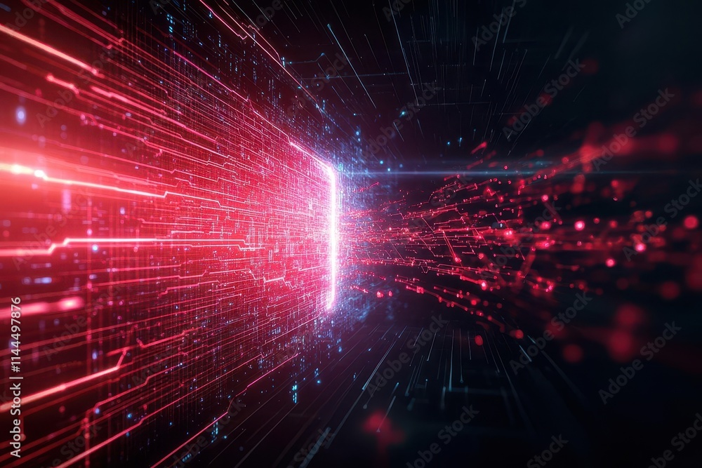 Poster a massive firewall visualized as a glowing energy barrier, blocking waves of red, menacing cyberatta