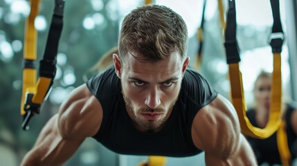 Obraz premium Focused athlete performing strength training with ropes.