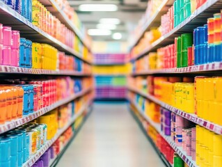 A kaleidoscopeinspired grocery aisle with an explosion of colors from stacked canned goods and packed shelves