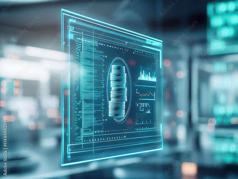 Poster a hightech display screen with holographic stacks of coins and detailed percentages, futuristic labo