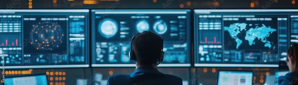 Aufkleber a hightech operations center, wallmounted screens displaying dashboards, a focused team analyzing, c