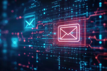 A hightech security alert panel showing an email warning, sharp focus, cyberpunk lighting, digital security grid in the background