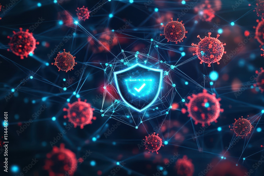 Poster A hackers attack represented as a swarm of digital viruses, blocked by a bright shield icon in the center of a network