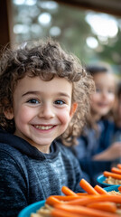 Happy child smiles, enjoying healthy snacks with friends.