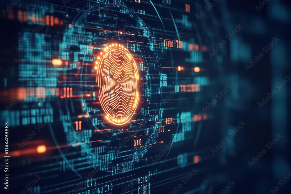 Poster A glowing fingerprint icon surrounded by encrypted codes, symbolizing biometric security in a futuristic interface