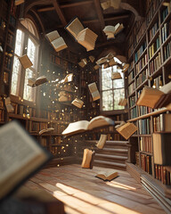 Enchanted Library: A captivating image of a library filled with magic, where books levitate in the air, creating a whimsical and enchanting atmosphere.