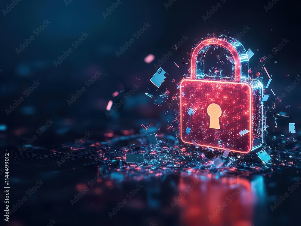 Poster a glowing lock icon shattered by spyware tools, with fragments of sensitive data spilling into a dar