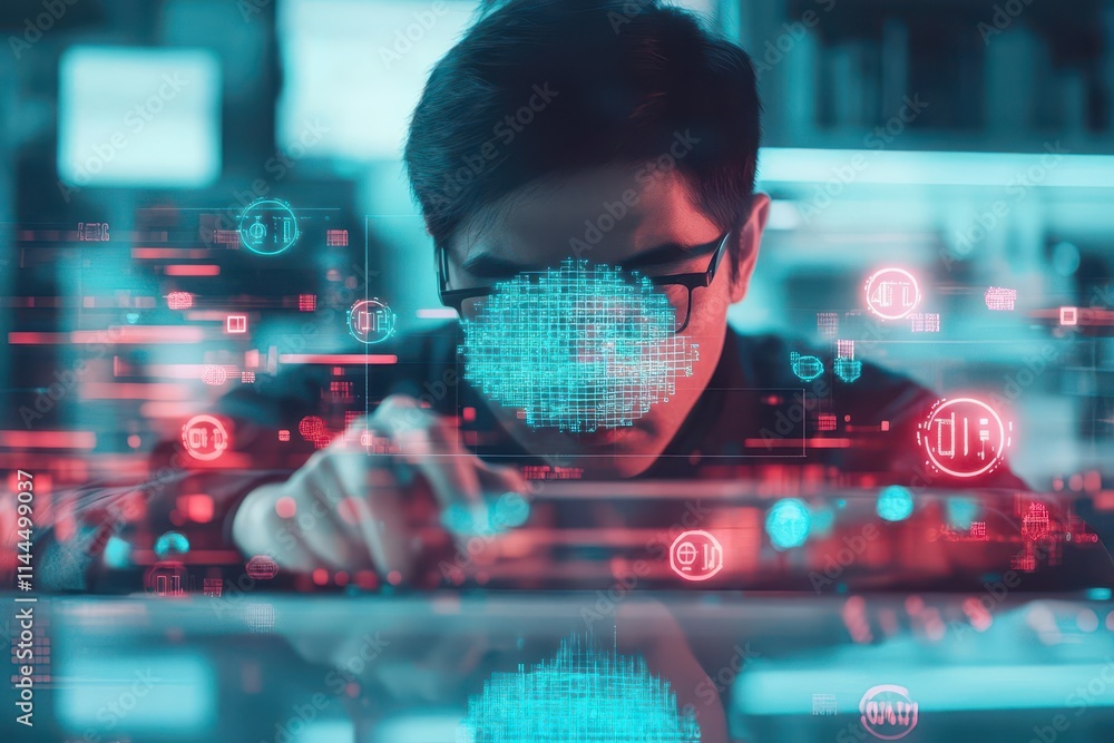 Poster A futuristic cybersecurity expert in a glowing lab, analyzing a holographic spyware threat with layers of encrypted data symbols around them