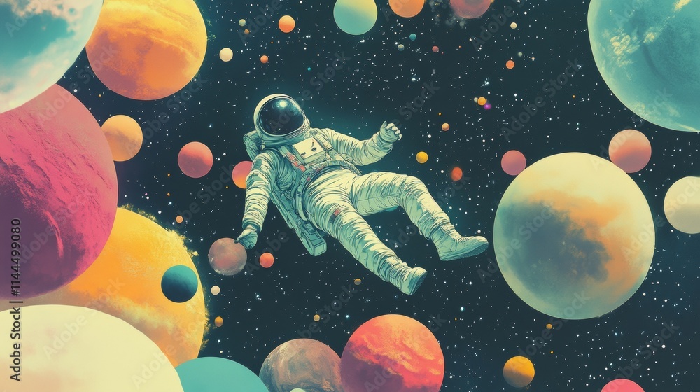 Poster a surreal depiction of an astronaut floating in space surrounded by colorful orbs and a star-filled 
