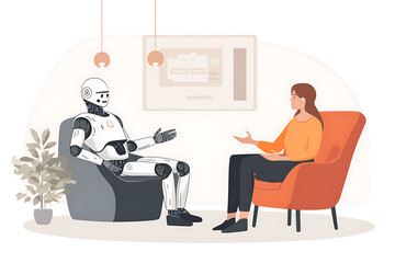 A person engaging in a conversation with a futuristic AI robot. The scene illustrates advanced technology, machine learning, and human-AI interaction on a white background