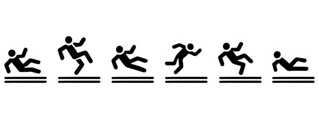 Set of falling person silhouette pictogram. Caution wet floor sign. Vector illustration. Isolated on white background