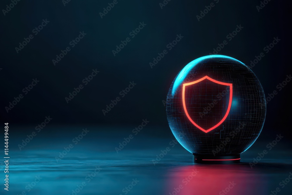 Aufkleber a futuristic ai assistant with a glowing shield icon, analyzing and repelling cyber threats in realt