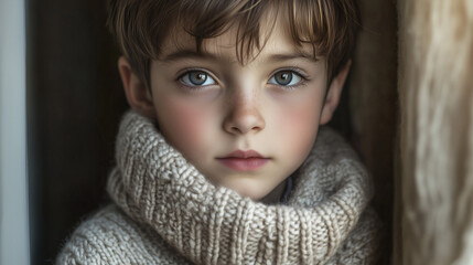 Chłopiec w ciepłym swetrze, spoglądający w dal z refleksją, oświetlony delikatnym światłem, z wyraźnymi szczegółami twarzy.
