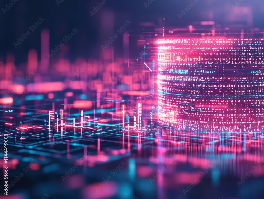 Poster a futuristic cityscape made of code, with glowing protective barriers shielding it from cyberattacks