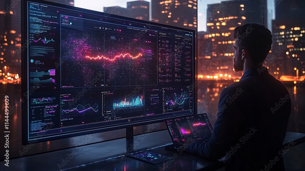 Poster marketer reviewing ai powered ad performance metrics on sleek dashboard in urban cityscape