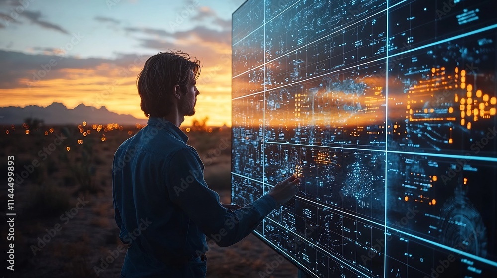 Poster engineer monitoring solar panel farm with digital dashboard overlay showing energy output