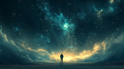 A lone figure stands on a vast, ethereal landscape, gazing up at a breathtaking, vibrant nebula-filled night sky.