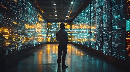 Engineer Monitoring Solar Panel Farm with Digital Dashboard Overlay Showcasing Energy Output and Renewable Resource Management Concept