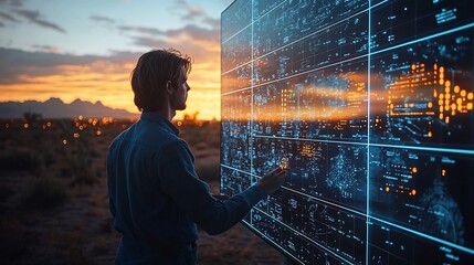 Engineer Monitoring Solar Panel Farm with Digital Dashboard Overlay Showing Energy Output