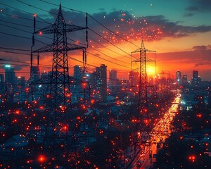 Futuristic Urban Skyline with Digital Energy Grid Optimization Interface