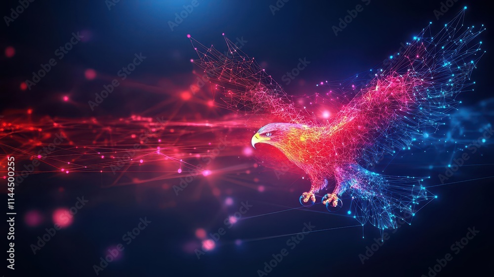 Poster a digital eagle with glowing wings, symbolizing vigilance and speed in protecting a network from cyb