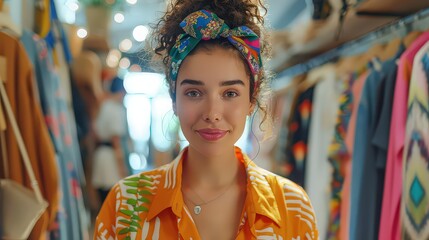 Obraz premium Cheerful Young Woman Wearing a Colorful Headband in a Bright and Lively Market Environment