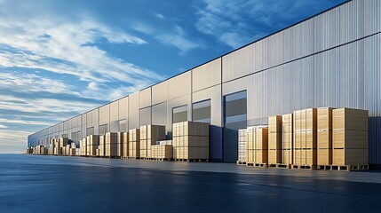 Expansive Warehouse Exterior with Large Stock of Wooden Pallets Against Blue Sky : Generative AI