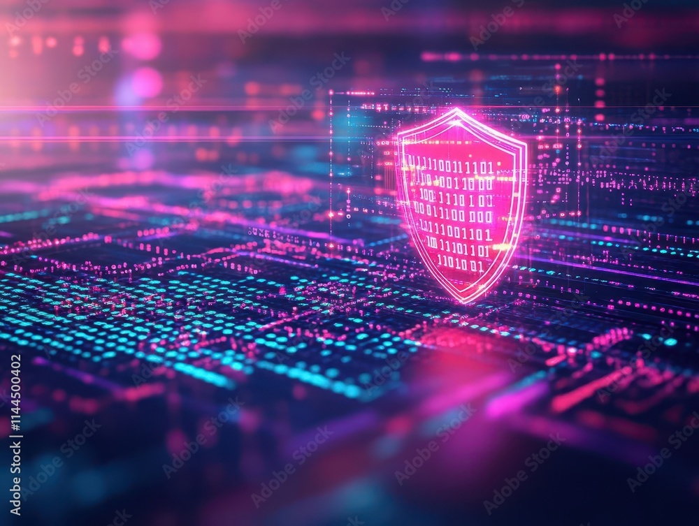 Poster A digital shield glowing in a futuristic network, surrounded by streams of data and binary codes in vibrant neon hues