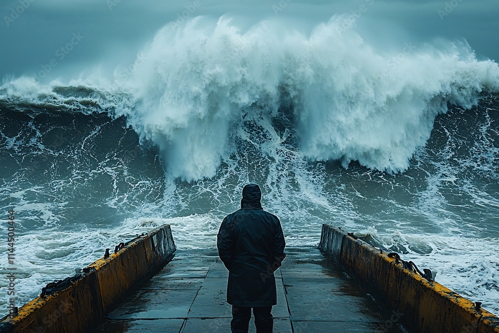 Poster scientist analyzing tidal energy potential in coastal setting with crashing waves against turbines