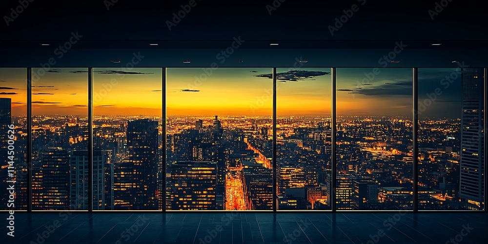 Poster stunning cityscape at twilight viewed from skyscraper window : generative ai