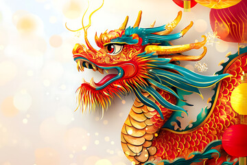 A traditional Chinese metallic dragon in intricate detail, set against a blurred background, symbolizing strength and prosperity for the 2024 New Year celebration