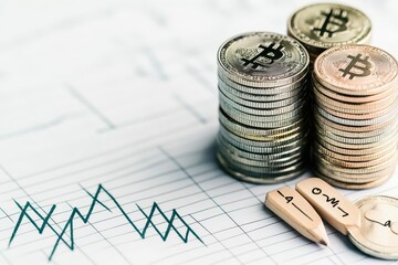 A creative flat lay of stacked coins on a graph paper backdrop, percentages drawn in pencil alongside, natural daylight, topdown shot