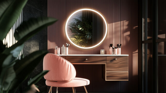Toaletka wyposażona w okrągłe lustro z delikatnym podświetleniem i wygodne krzesło w odcieniu.