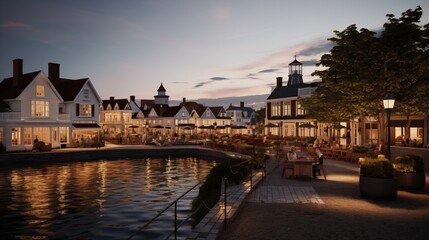 Naklejka premium A calm evening in a coastal town with ambient light, space to the right for design,generative ai illustration