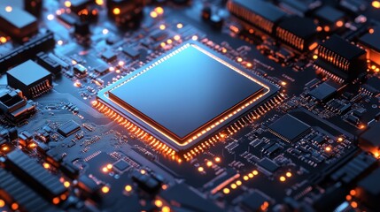 Obraz premium Close-up of illuminated microchip on circuit board, showcasing intricate technological details.