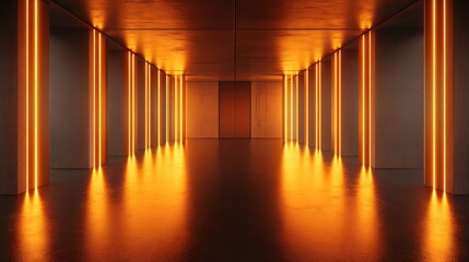 Futuristic Concrete Corridor with Neon Orange Illuminated Columns : Generative AI