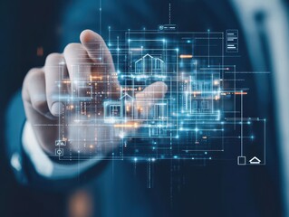 A businessman s hand gesturing towards a luxury real estate listing on an augmented reality interface