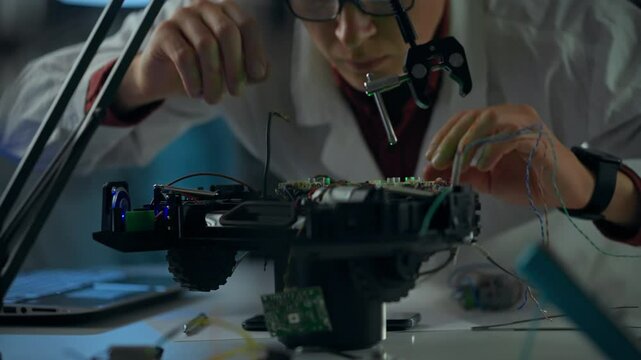 A technician works intently on a robotic vehicle in a laboratory, meticulously adjusting components and wiring while illuminated by ambient light, showcasing a focus on precision and technology