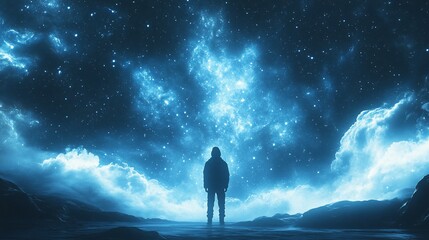 Lone figure silhouetted against a vibrant nebula under a starry night sky.