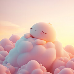 Dreamy Cloud Creature: A fluffy, adorable creature with closed eyes rests peacefully on a cloud, bathed in the soft glow of a pastel sunset, evoking feelings of serenity and sweet dreams. 