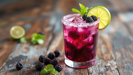 National Margarita Day: A Blackberry Margarita garnished with a few fresh blackberries and a lime wheel on the rim.