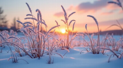 Obraz premium Winter landscape with sun flare on a frozen twigs in hoarfrost, with a sun flare in the background