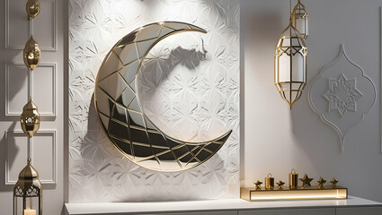 luxury golden and silver moon on white wall with Islamic patterns. happy ramzan or eid mubarak festivals