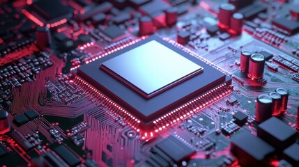 Obraz premium Close-up of a computer processor on a circuit board with red lighting.