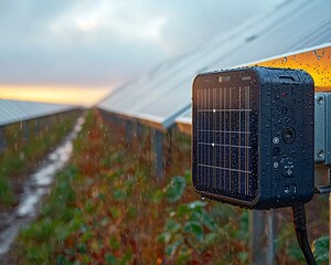 Close up Shot of Digital Sensors Monitoring Weather Conditions at Solar Farm for Optimized Renewable Energy Collection