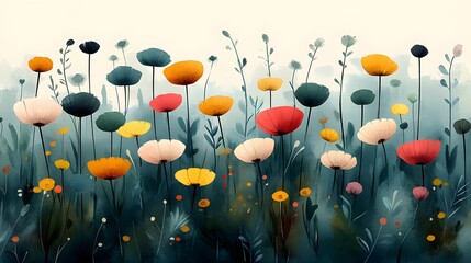 Watercolor spring garden illustration with soft pink and yellow blossoms surrounded by gentle foliage