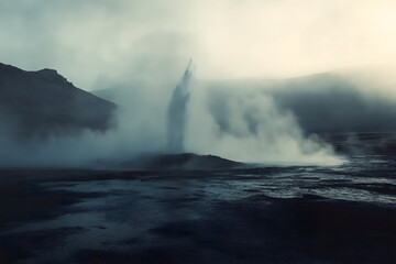 Obraz premium A dramatic mountain landscape with fog rolling over rocky cliffs and dense forest below