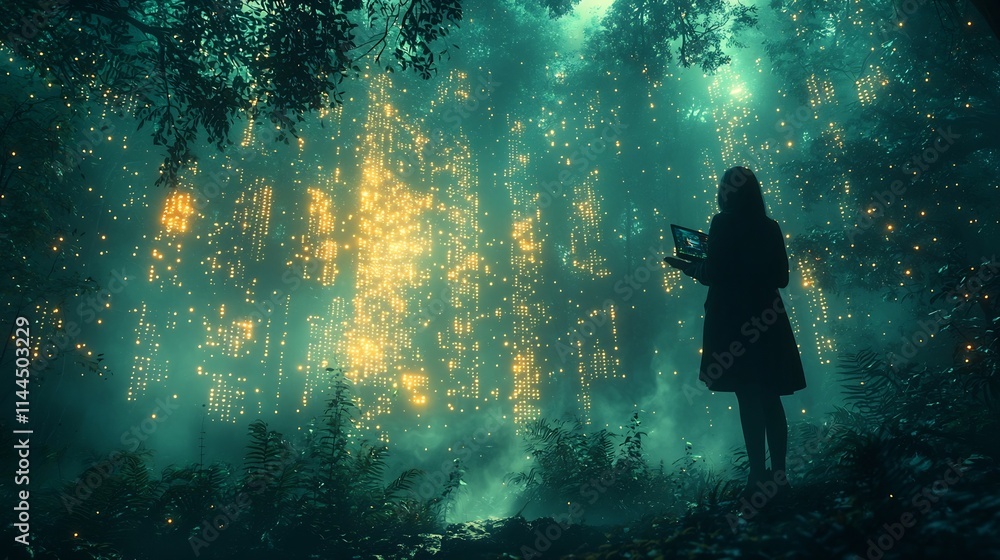 Poster silhouetted forester exploring intelligent forest with digital sensors and analytics for resource co