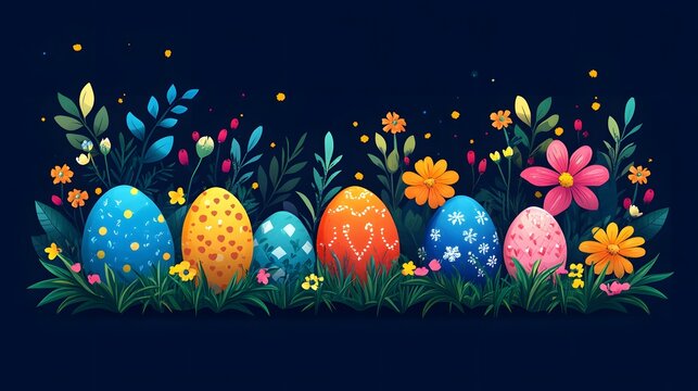 Flat vector design featuring colorful festive Easter phrases with bright flowers, green leaves, and decorative accents
